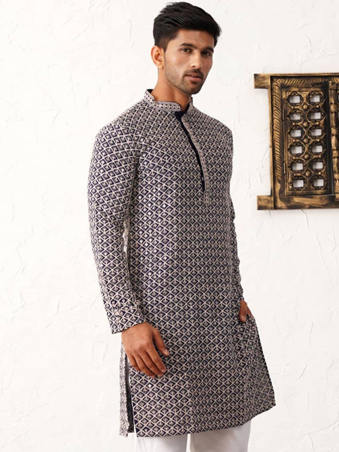 Jompers Mandarin Collar Geometric Thread Work Cotton Straight Kurta - view 1