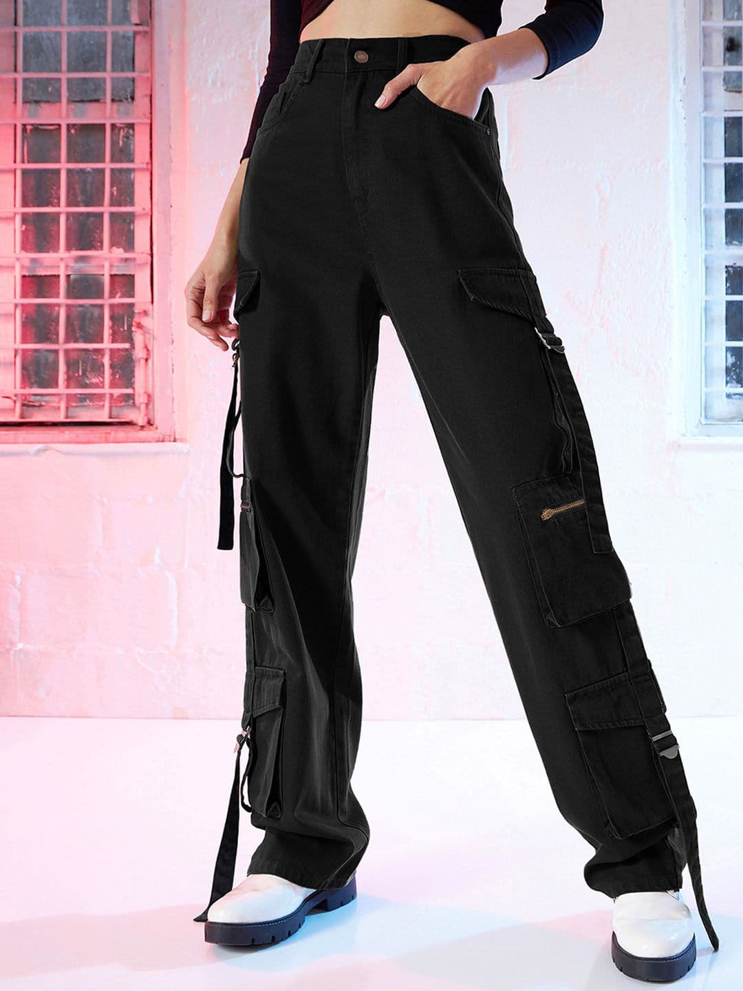 SASSAFRAS Women Black Straight Fit High-Rise Clean Look Pure Cotton Cargo Jeans - view 1