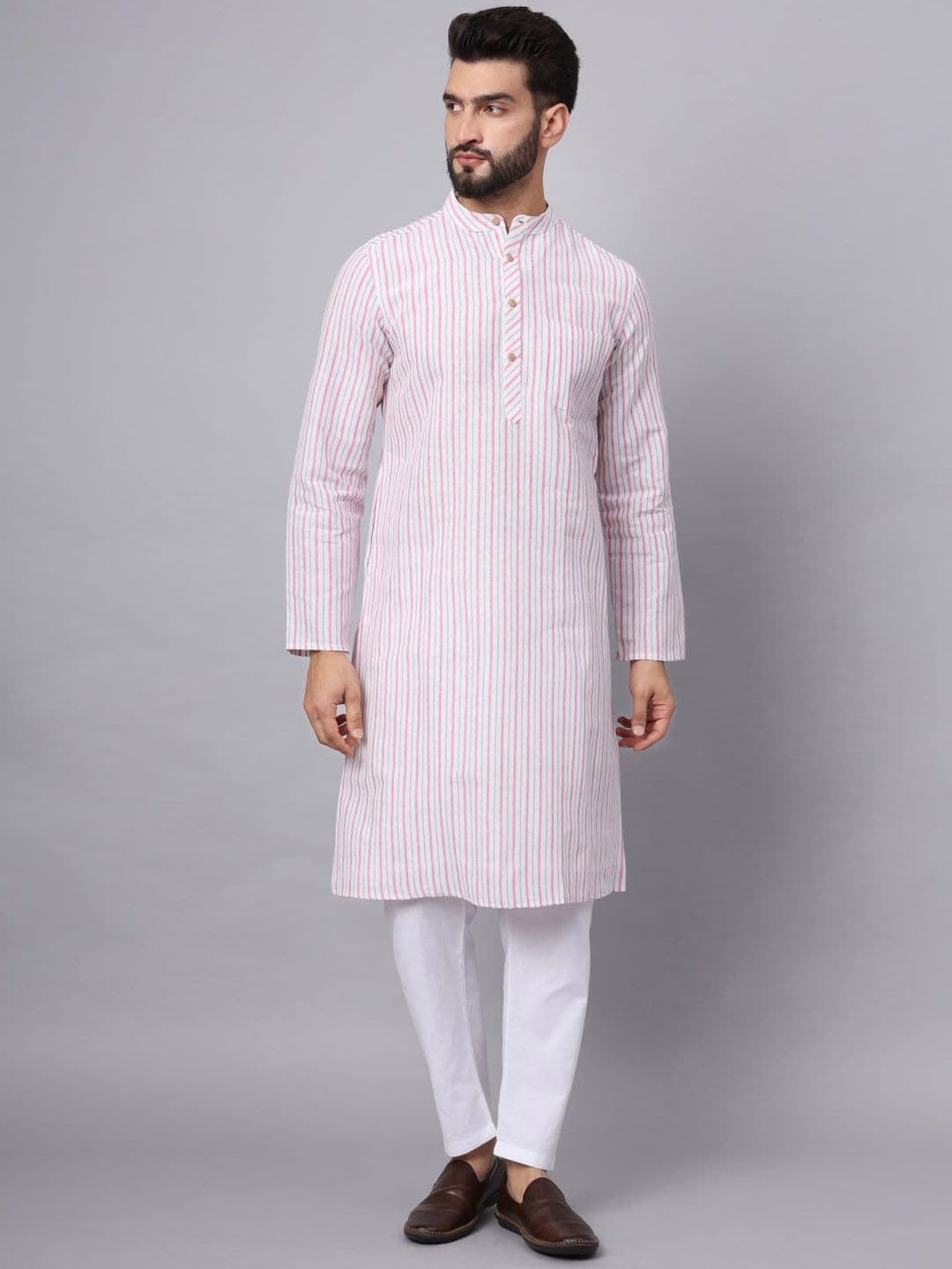 Latest Chikan Garments Striped Mandarin Collar Straight Kurta - view 1