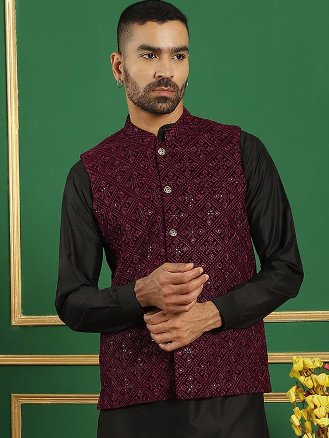 Jompers Embroidered Mandarin Collar Nehru Jackets - view 1