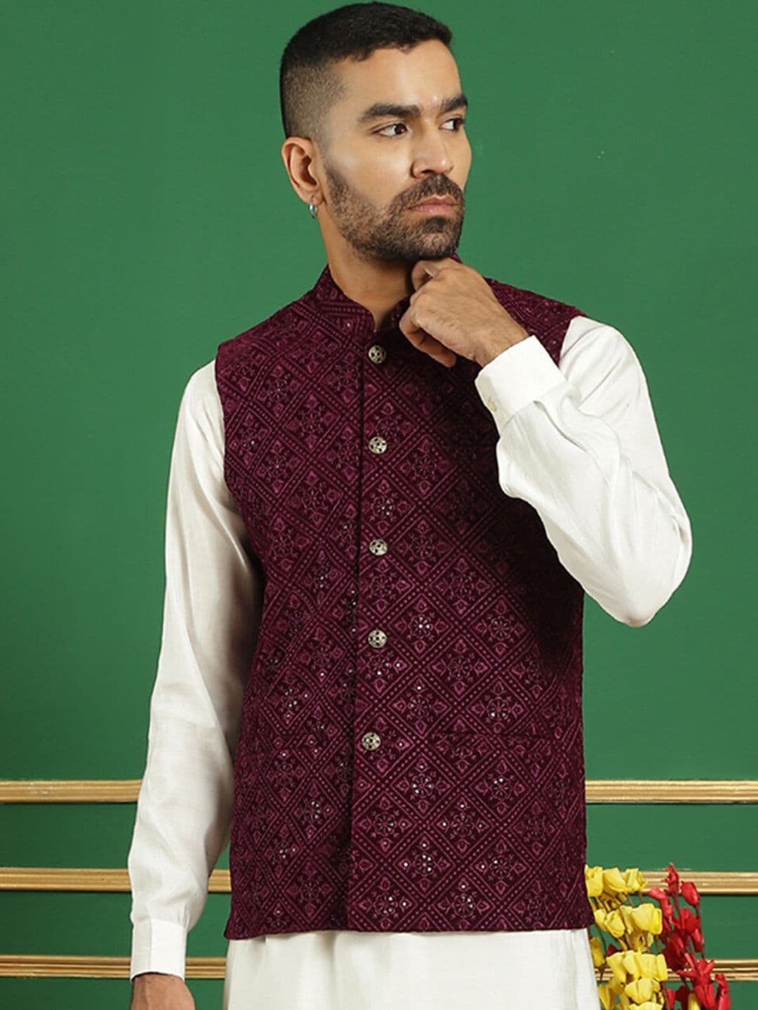 Jompers Sequin Embroidered Mandarin Collar Sleeveless Velvet Nehru Jacket - view 1