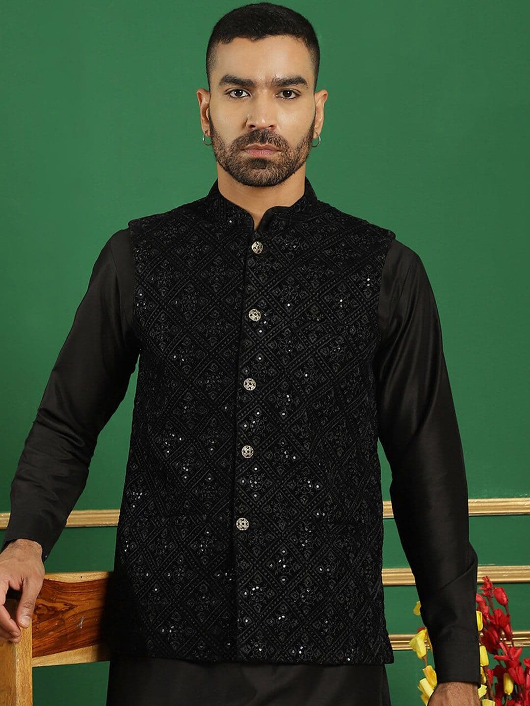 Jompers Sequin Embroidered Mandarin Collar Velvet Nehru Jacket - view 1