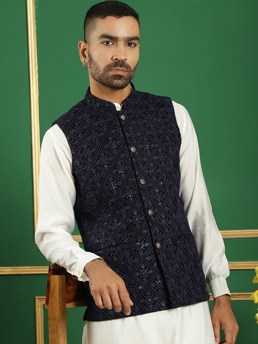 Jompers Embroidered Mandarin Collar Sleeveless Velvet Nehru Jacket - view 1