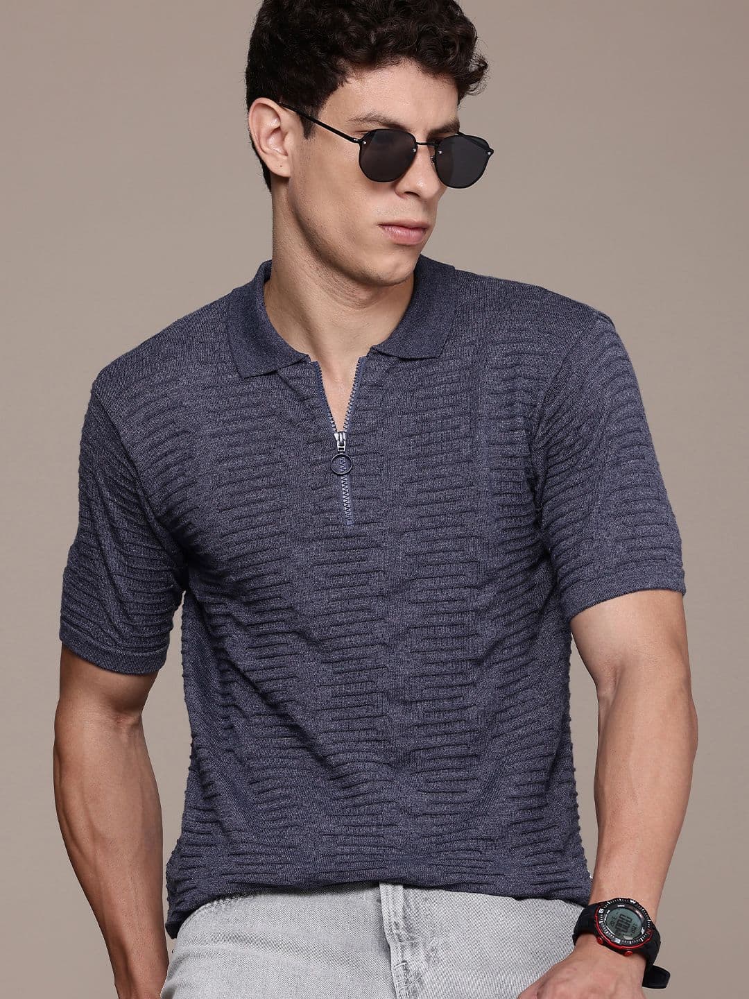 Roadster Men Self Design Polo Collar T-shirt - view 1