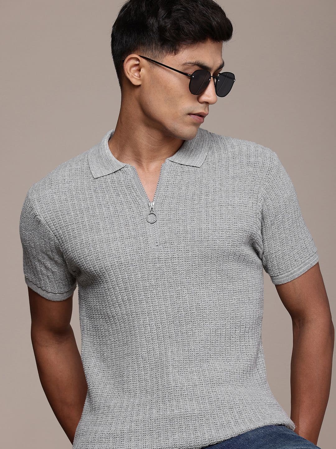 Roadster Men Self Design Polo Collar T-shirt - view 1