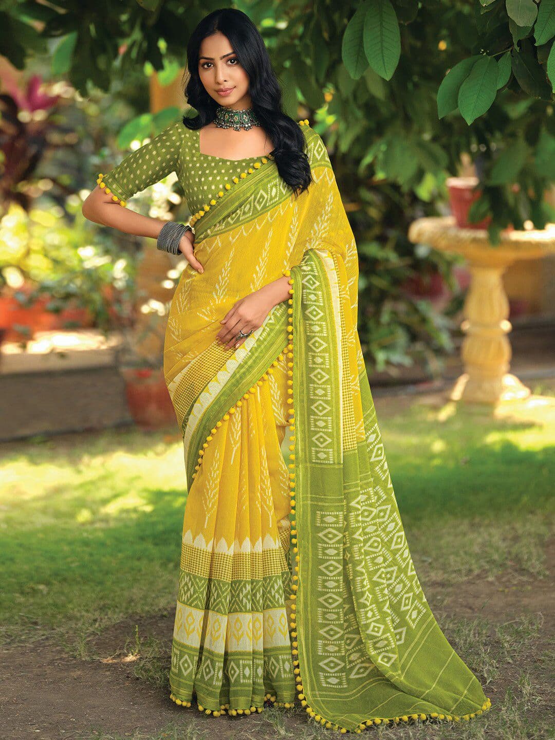 Anouk Rustic Yellow Ethnic Motifs Printed Ikat Saree - view 1