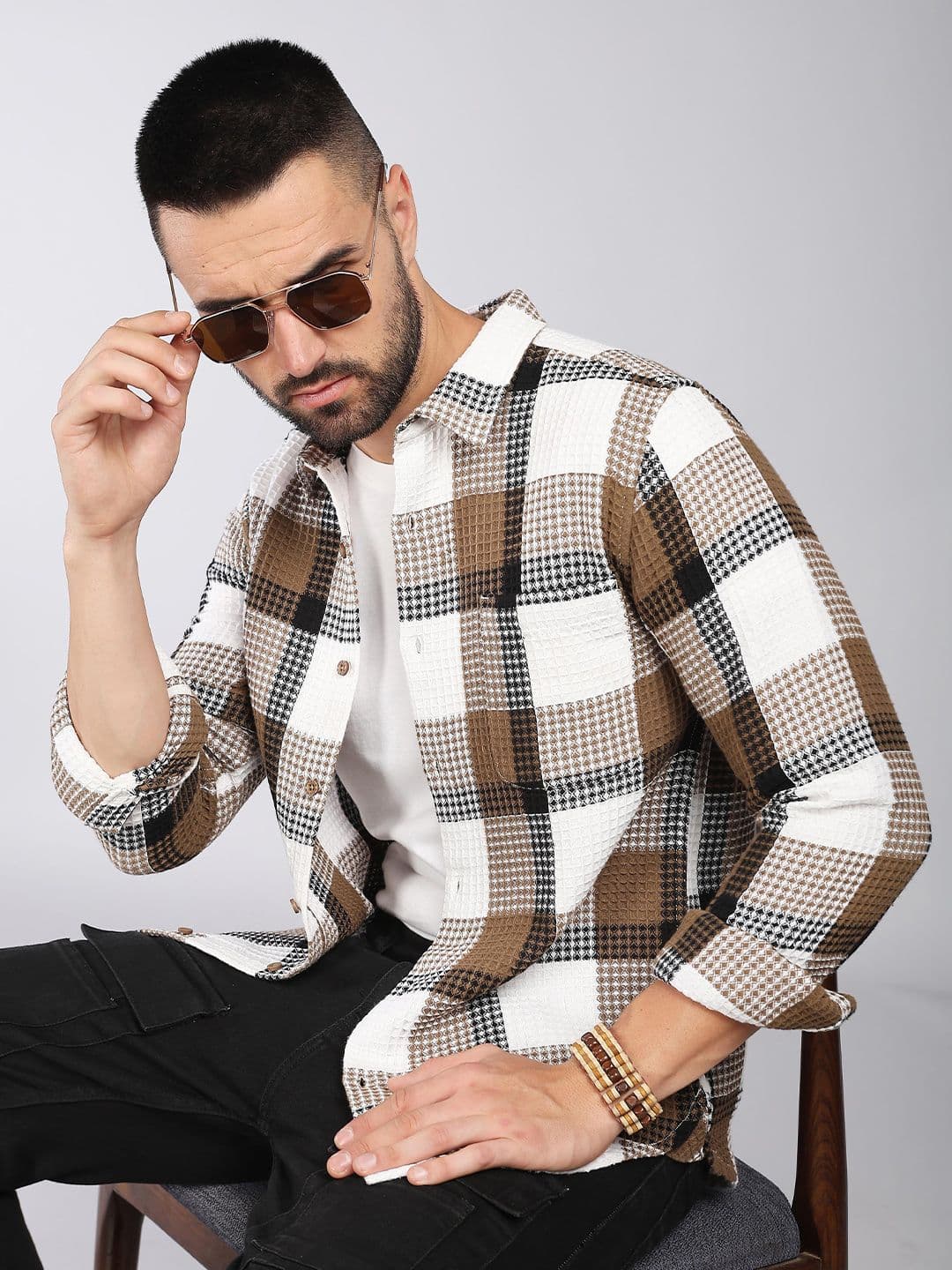 HERE&NOW Tartan Checks Spread Collar Long Sleeves Slim Fit Cotton Casual Shirt - view 1