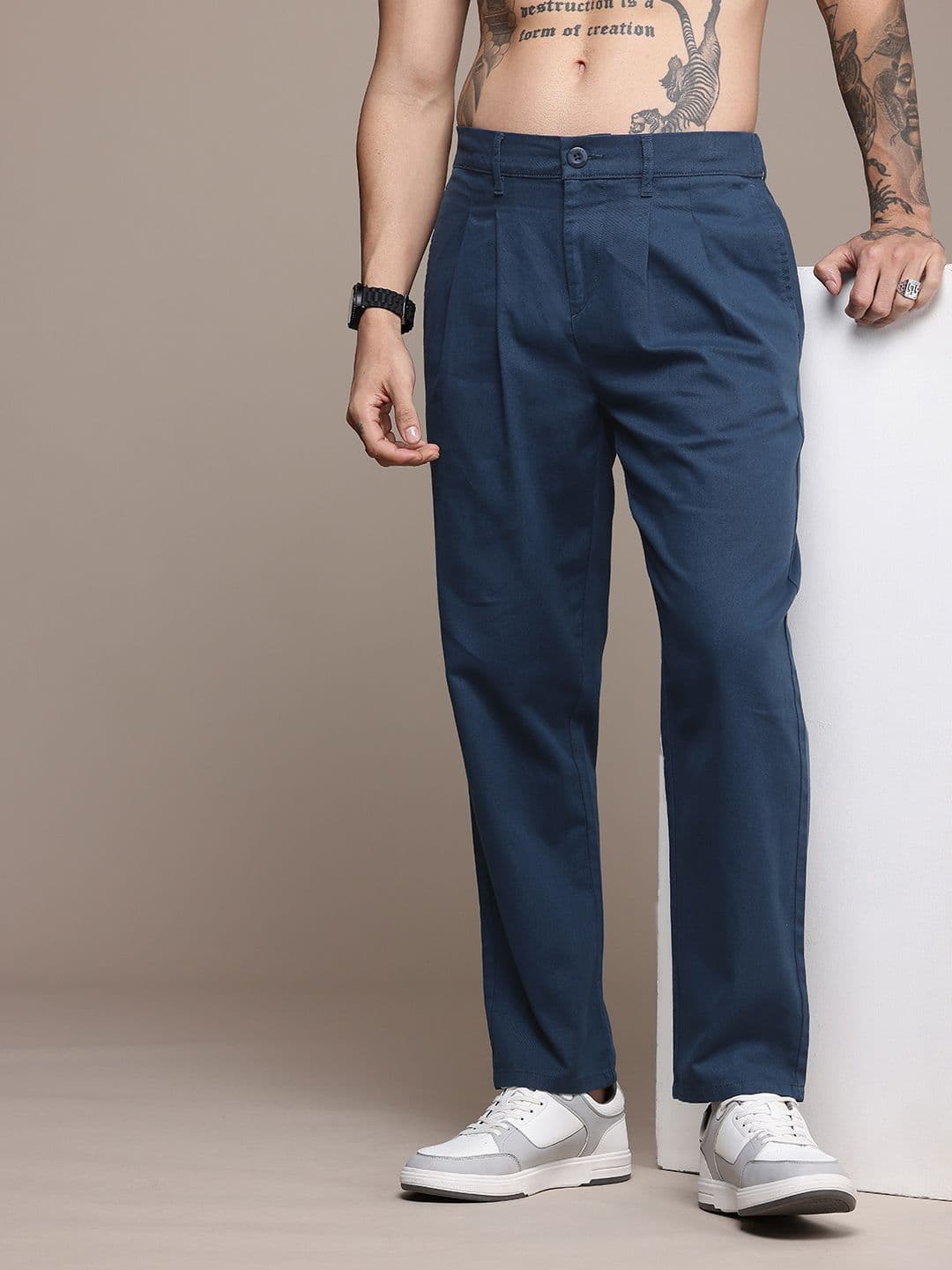 The Roadster Life Co. Men Pure Cotton Relaxed Fit Pleated Chinos Trousers - view 1