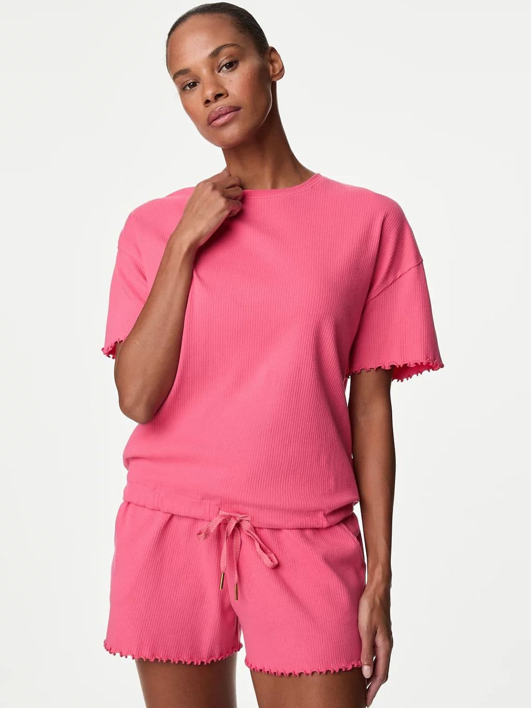 Marks & Spencer Cotton Rich Ribbed Drawstring Lounge Top - view 1