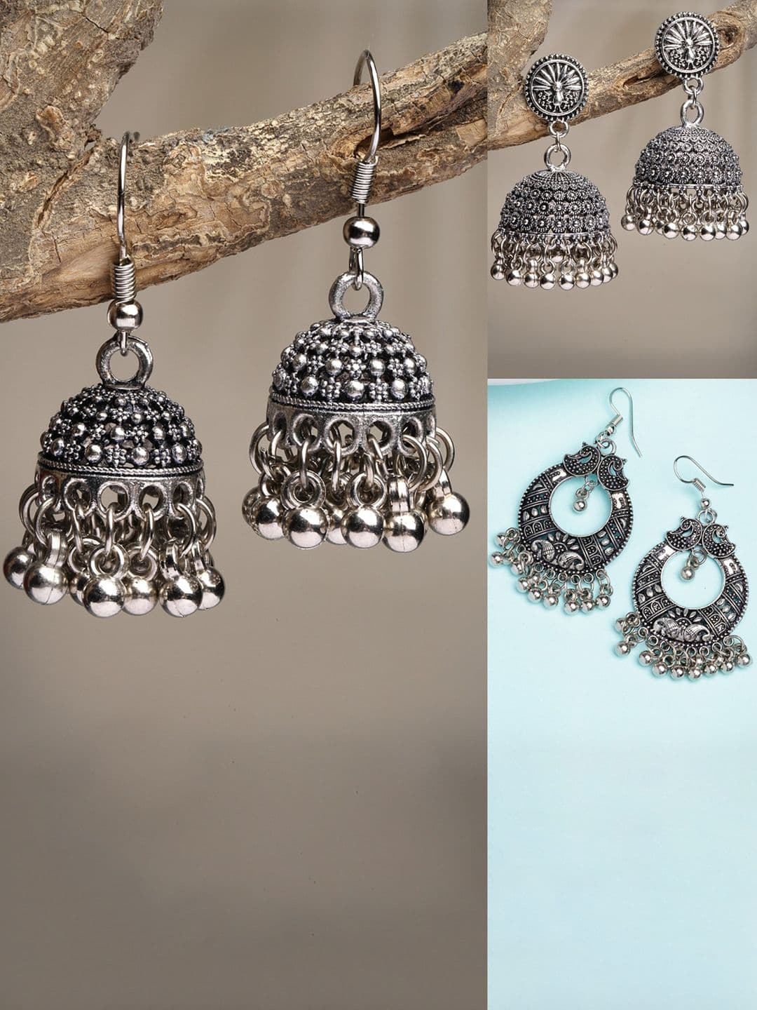 NVR Set of 3 Silver-Plated Oxidised Dome Shaped Jhumkas - view 1