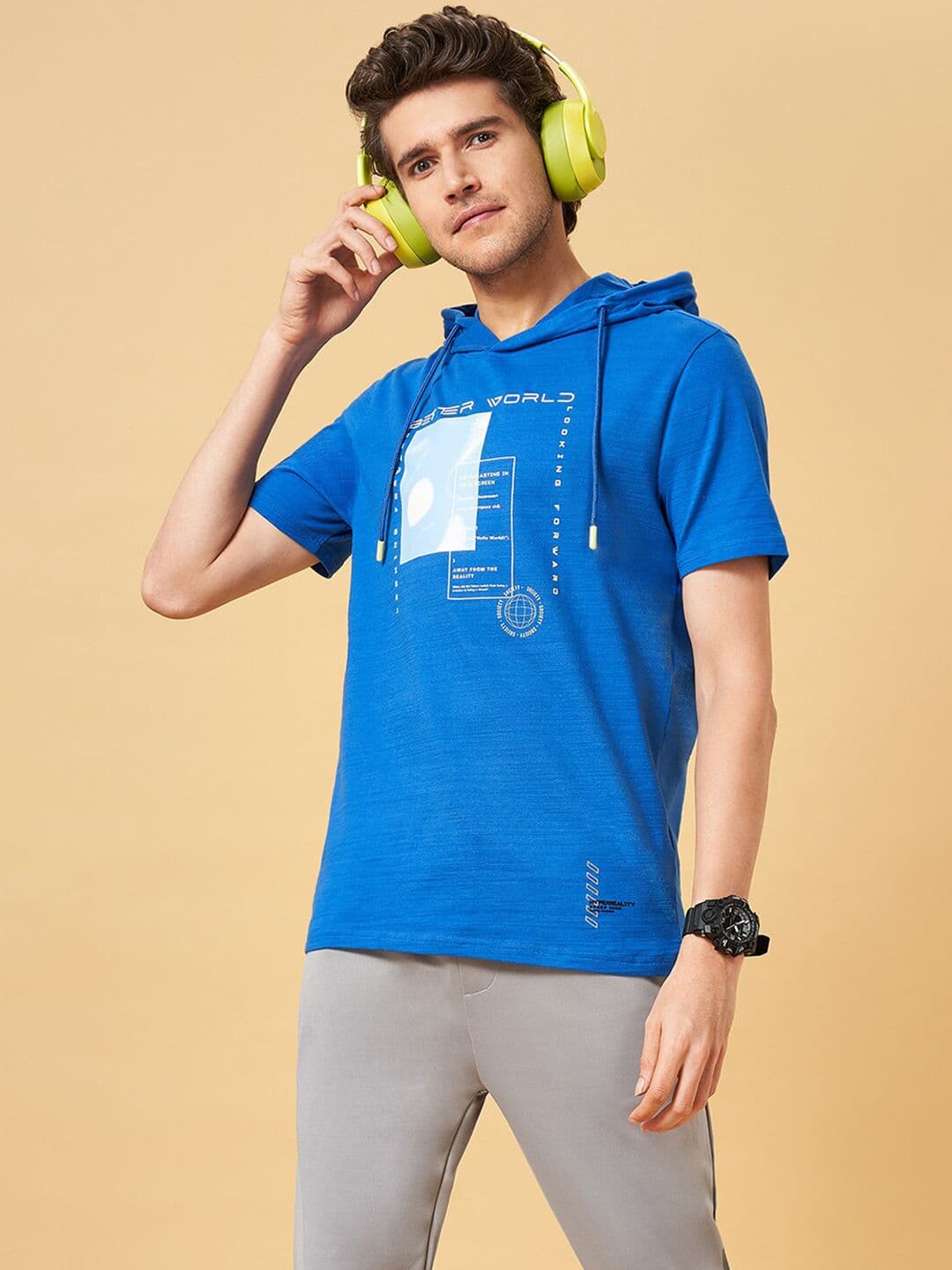 Ajile by Pantaloons Men Typography Printed Hooded Raw Edge Slim Fit T-shirt - view 1