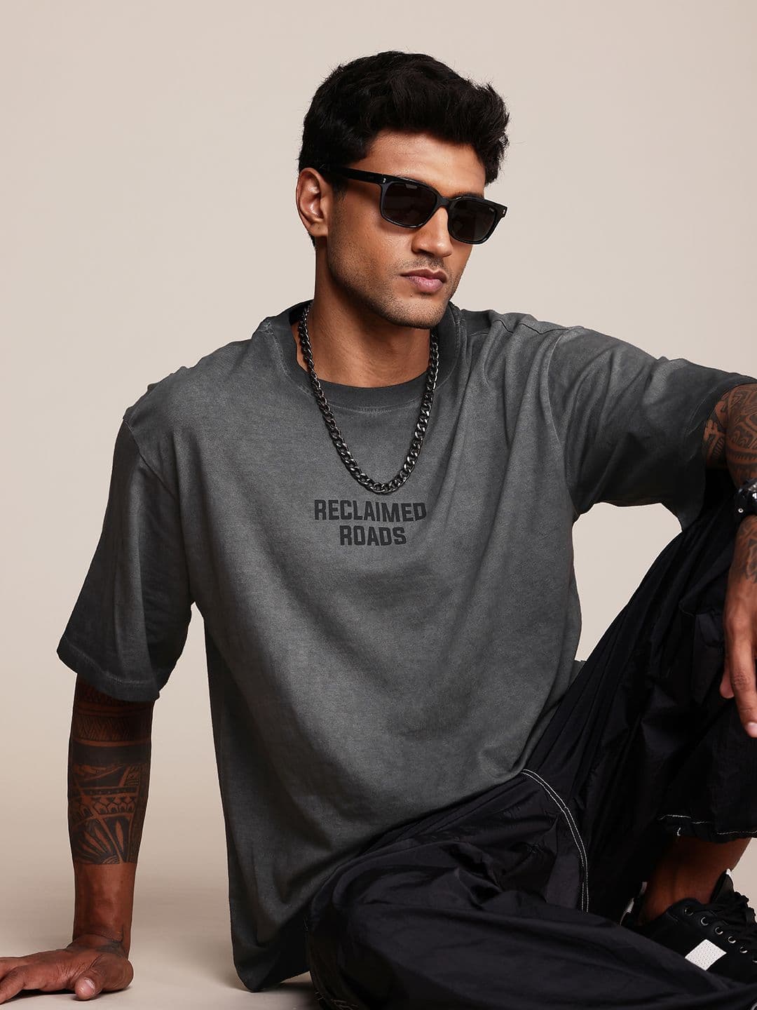 The Roadster Life Co. Printed Drop-Shoulder Sleeves Pure Cotton Relaxed Fit Faded T-shirt - view 1