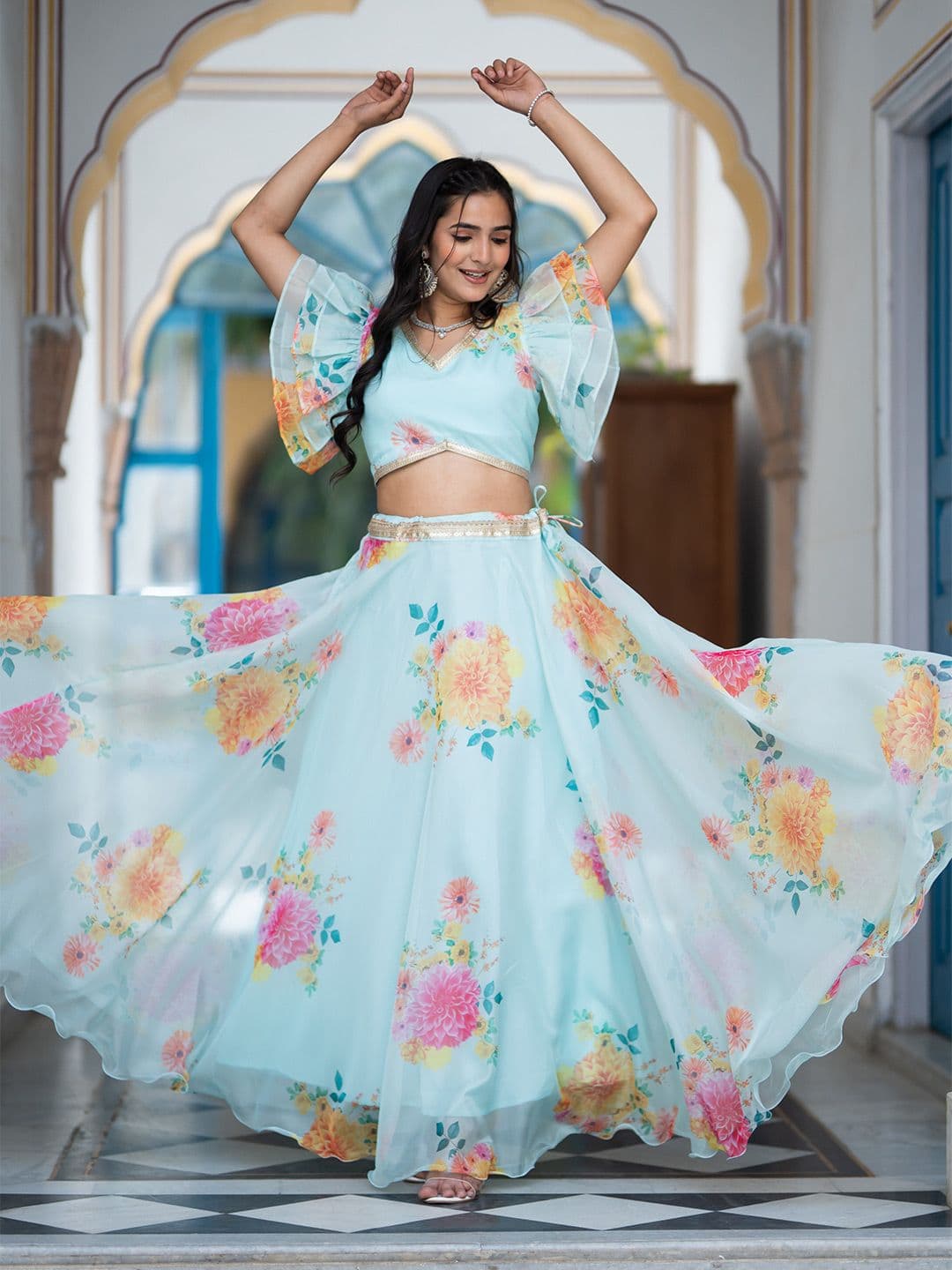 ASPORA Printed Organza Silk Semi-Stitched Lehenga & Unstitched Blouse - view 1