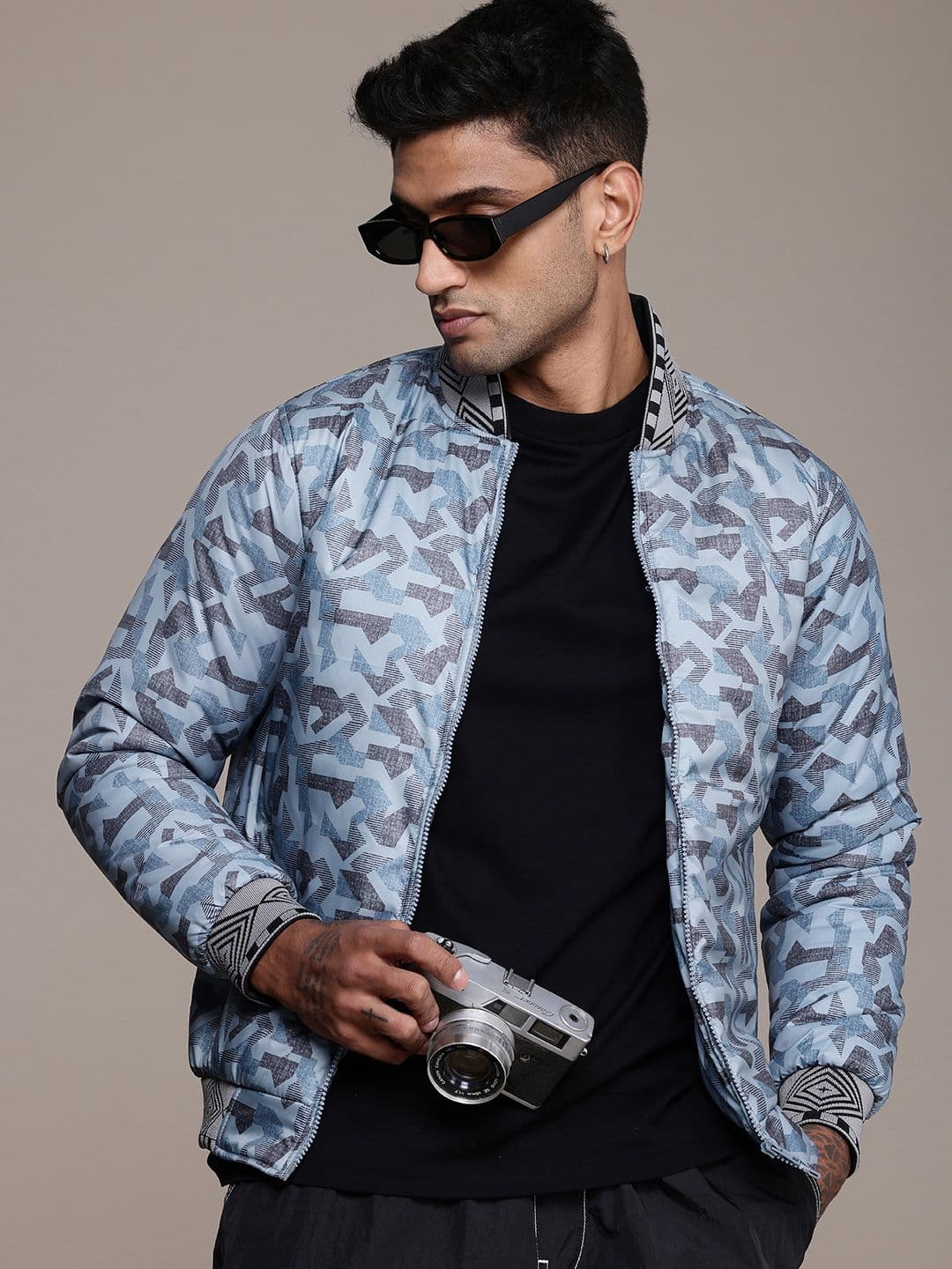 The Roadster Life Co. Geometric Printed Mandarin Collar Bomber Jacket - view 1
