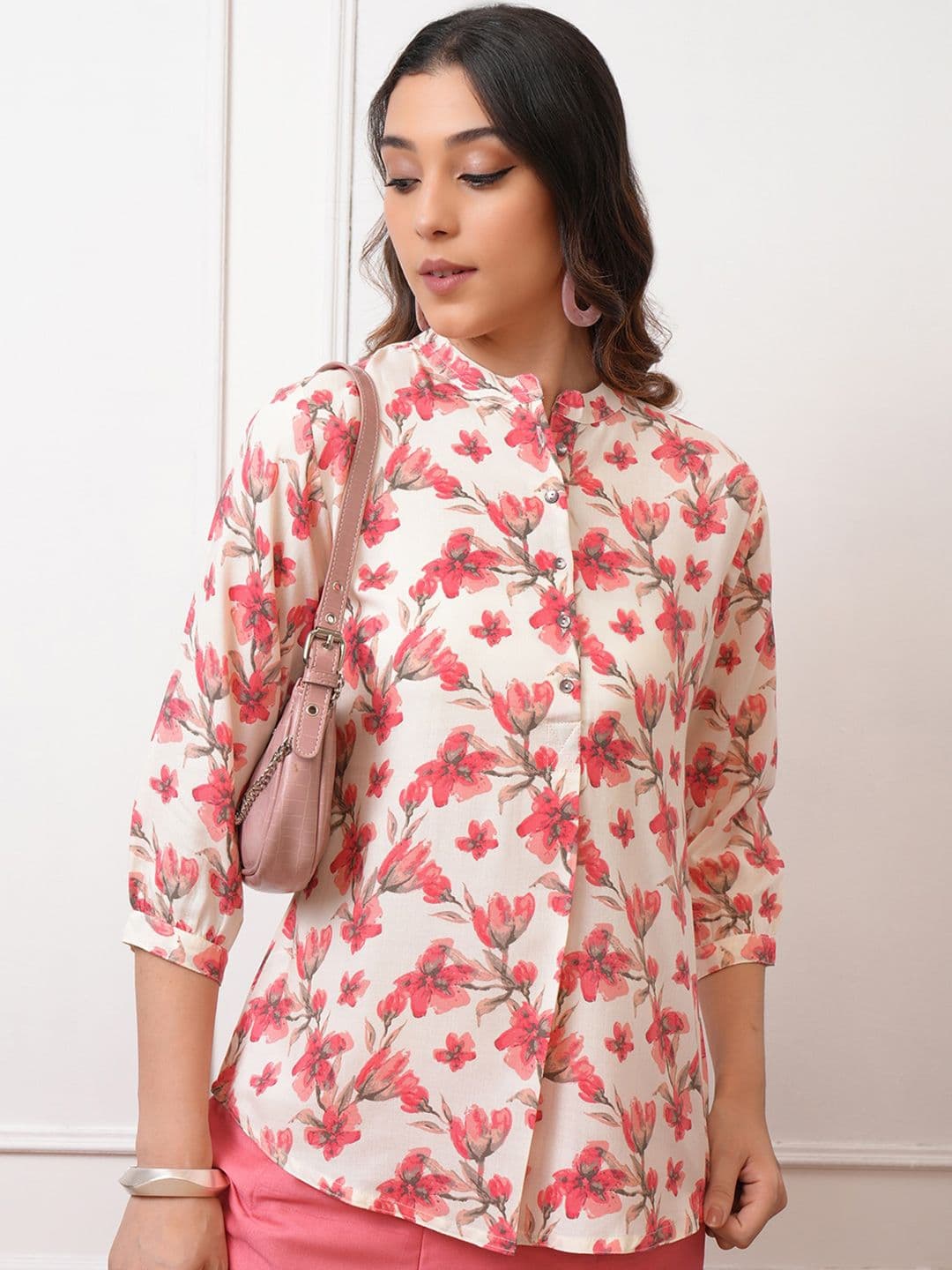 Vishudh Pink Floral Print Mandarin Collar Shirt Style Casual Top - view 1