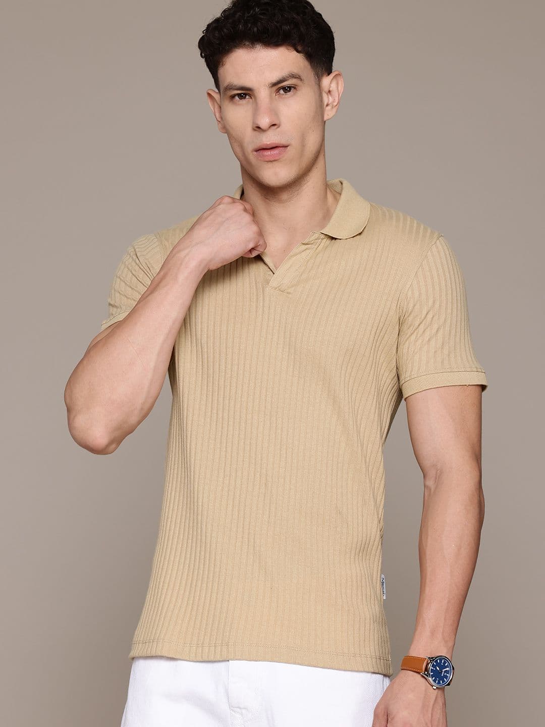 The Roadster Lifestyle Co. Men Self Striped Polo Collar T-shirt - view 1