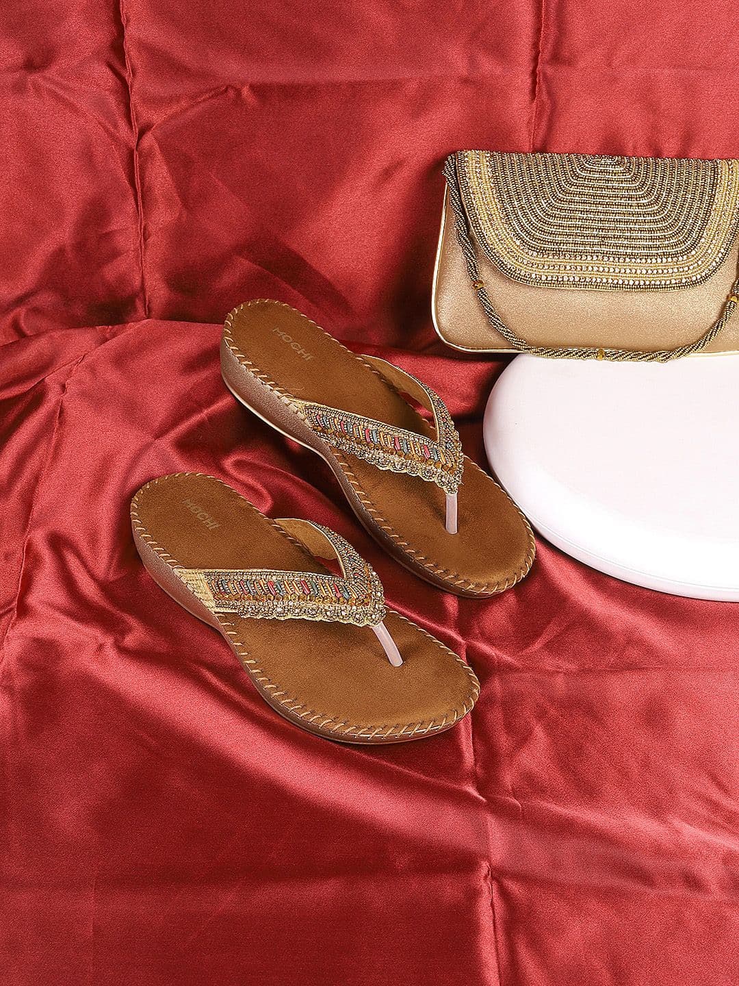 Mochi womens Brown Embellished Open Toe T-Strap Heels - view 1