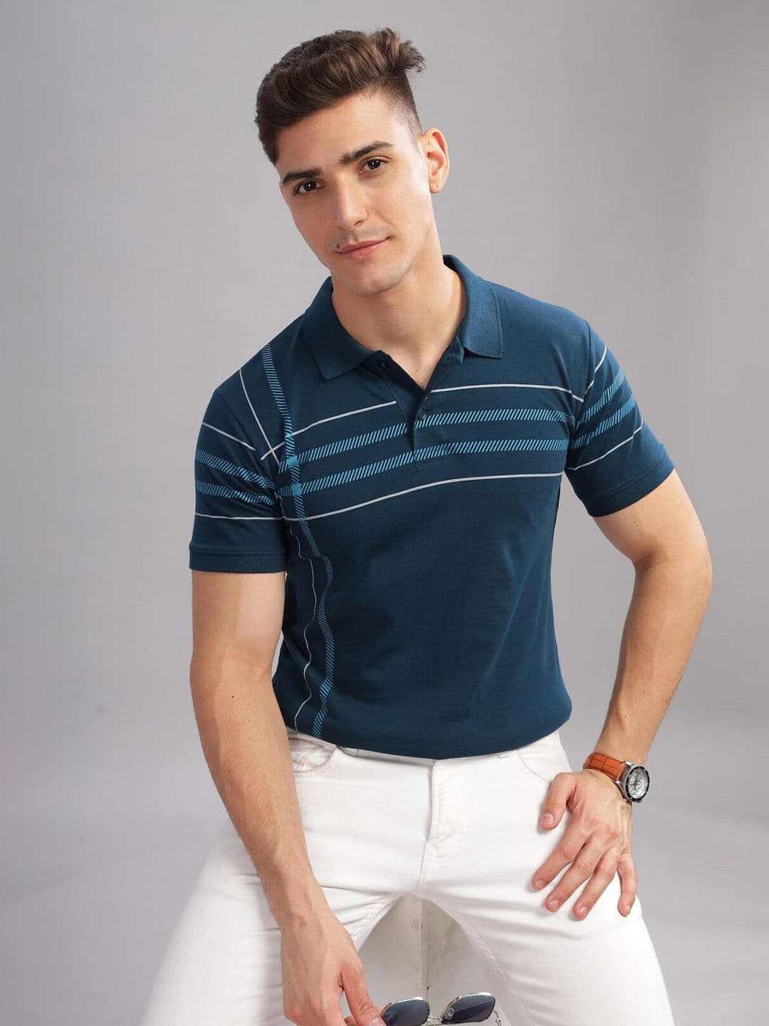 ADRO Striped Oversized Polo Collar Pure Cotton T-shirt - view 1