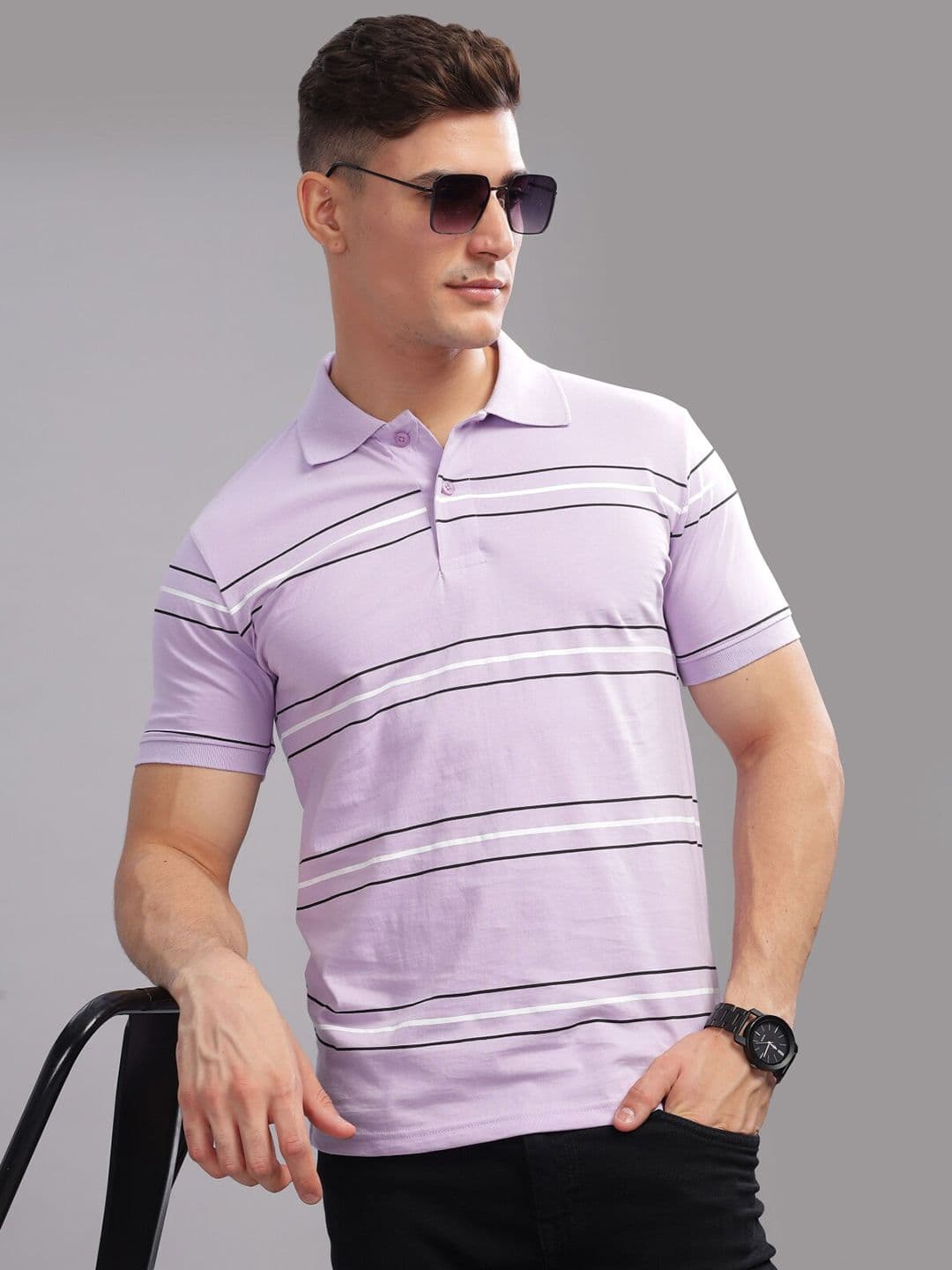 ADRO Striped Printed Polo Collar Short Sleeves Cotton Oversized Casual T-shirt - view 1