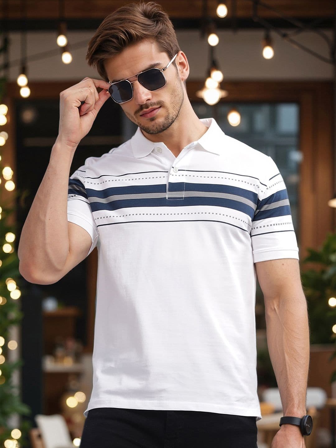 ADRO Striped Oversized Polo Collar Pure Cotton T-shirt - view 1