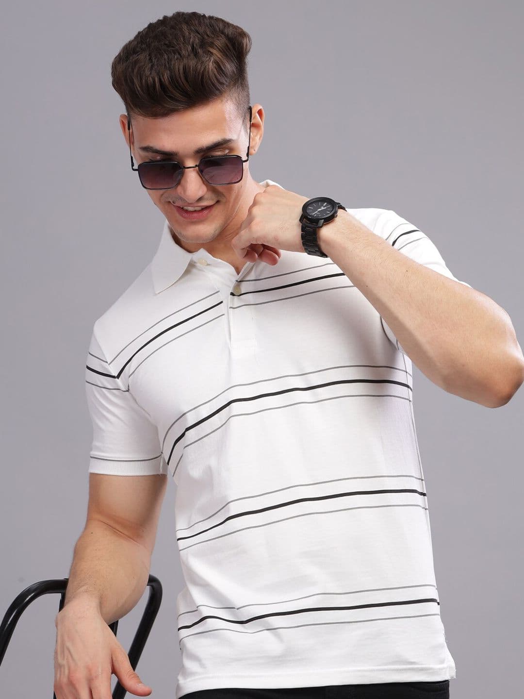ADRO Striped Printed Polo Collar Short Sleeves Cotton Oversized Casual T-shirt - view 1