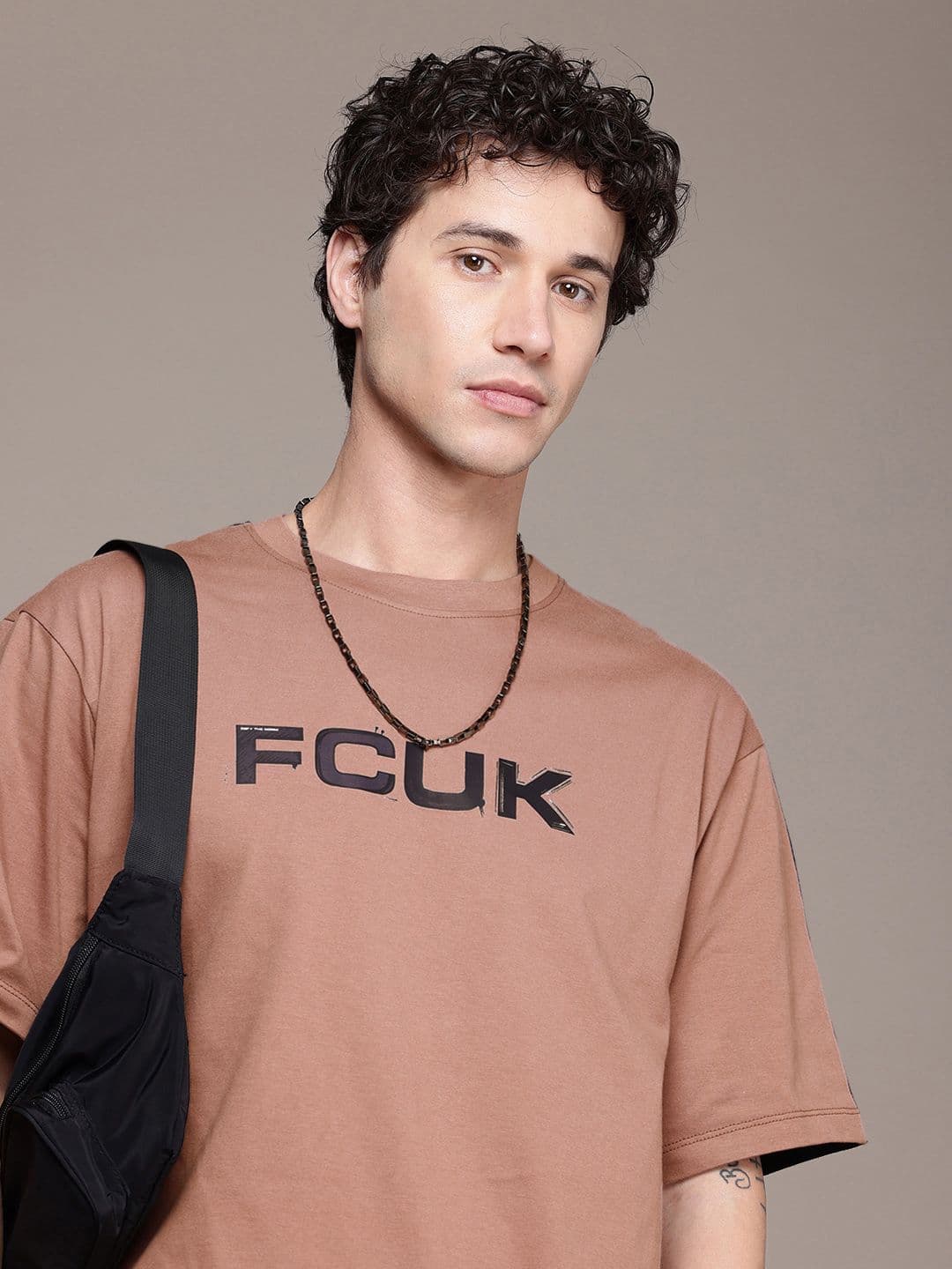 FCUK Brand Logo Printed Drop-Shoulder Sleeves Relaxed Fit Pure Cotton T-shirt - view 1