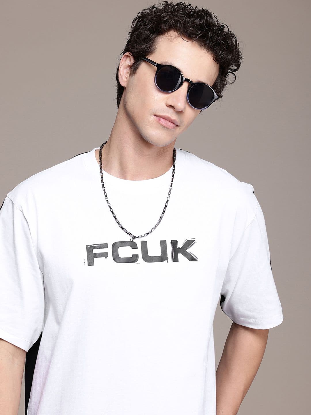 FCUK Brand Logo Printed Drop-Shoulder Sleeves Relaxed Fit Pure Cotton T-shirt - view 1