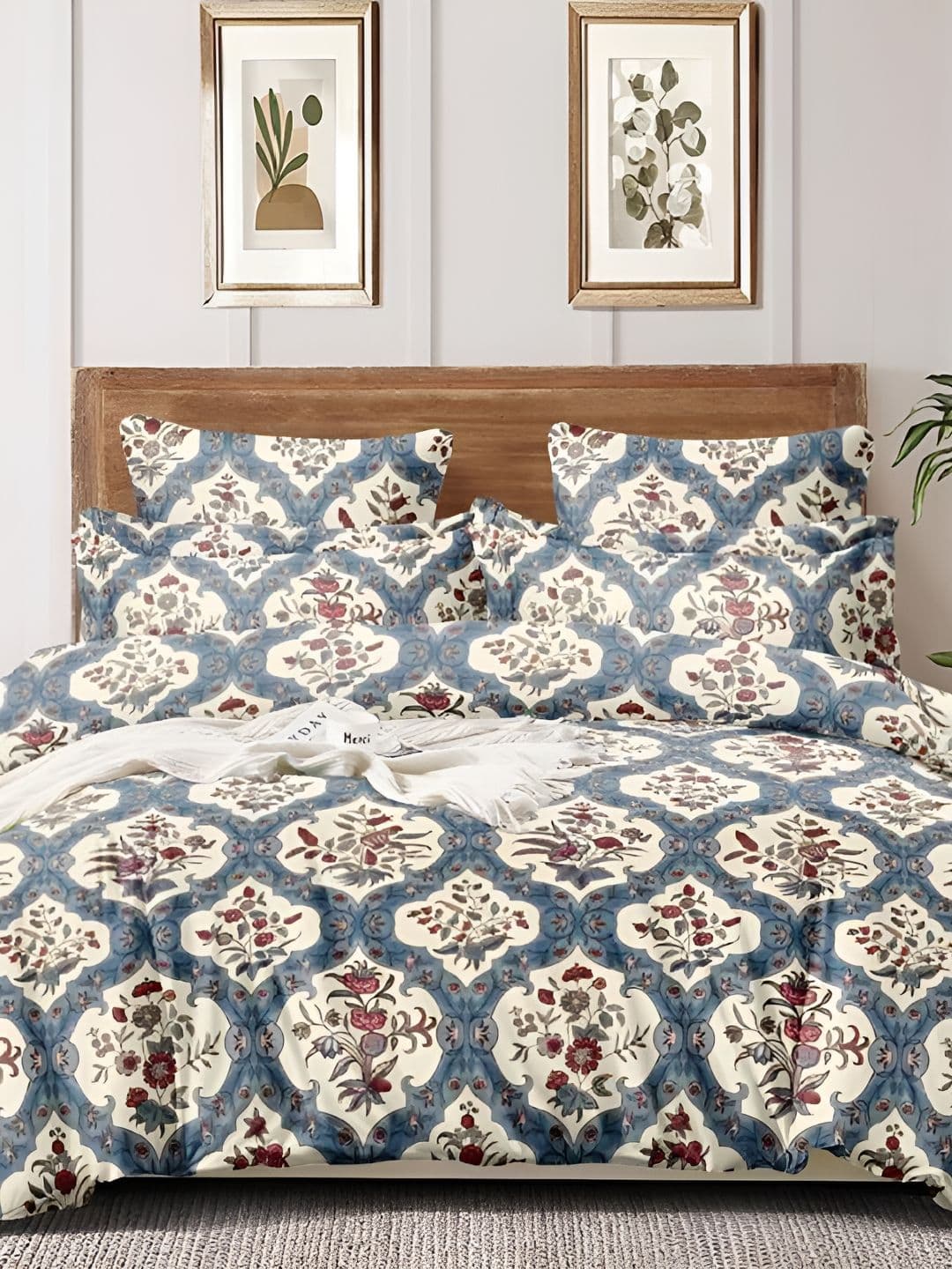 Laying Style White & Blue 4 Piece Floral Printed Double King Bedding Set - view 1