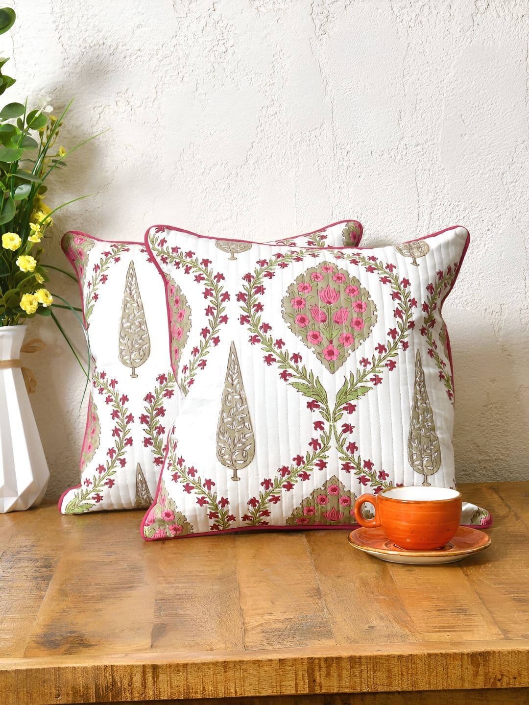 Clasiko White & Green 2 Pieces Floral Cotton Square Cushion Covers - view 1