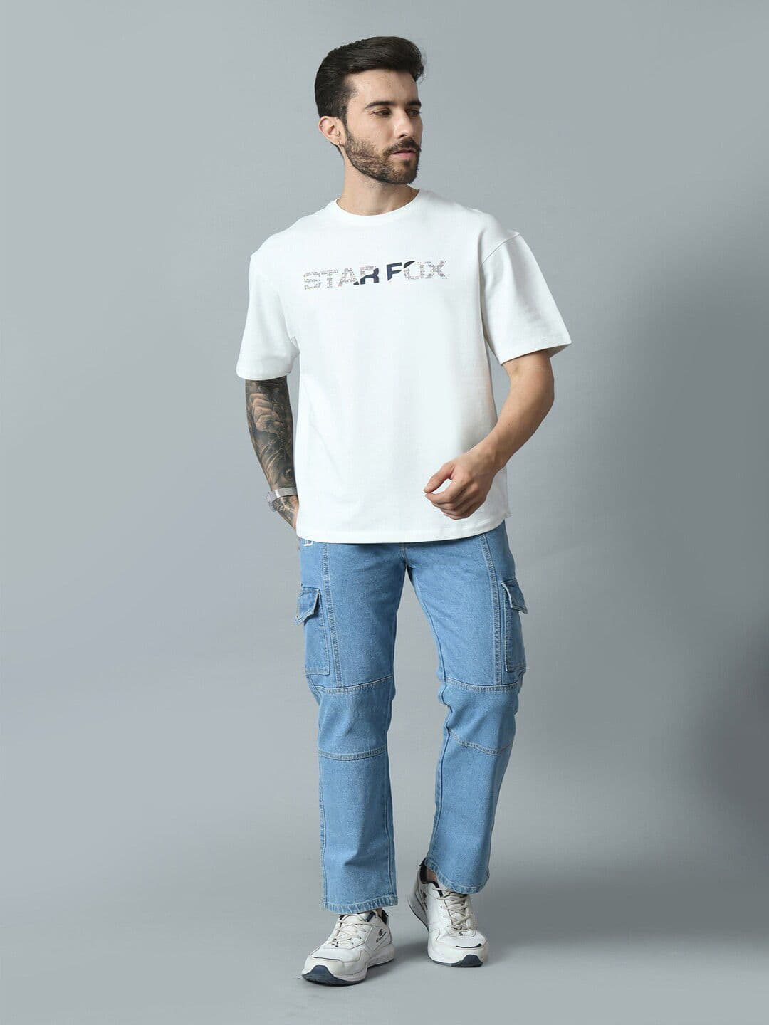 STARFOX Typography Printed Drop-Shoulder Sleeves Cotton Loose Fit T-shirt - view 1