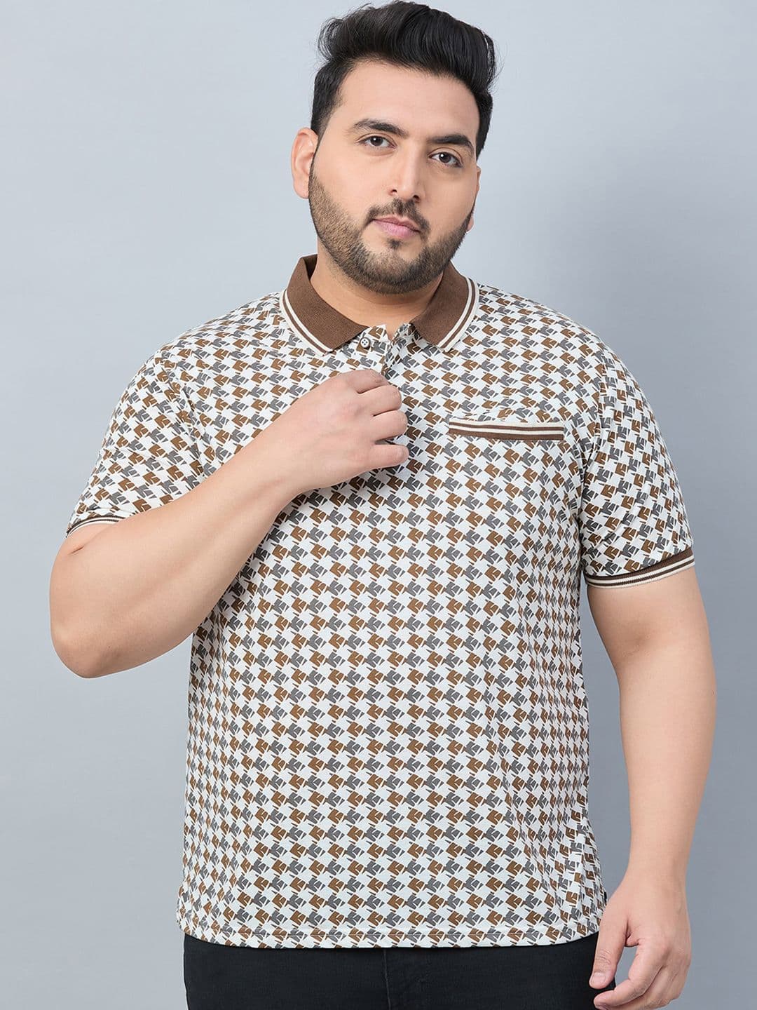 AUSTIVO Plus Size Printed Polo Collar Pockets Cotton T-shirt - view 1