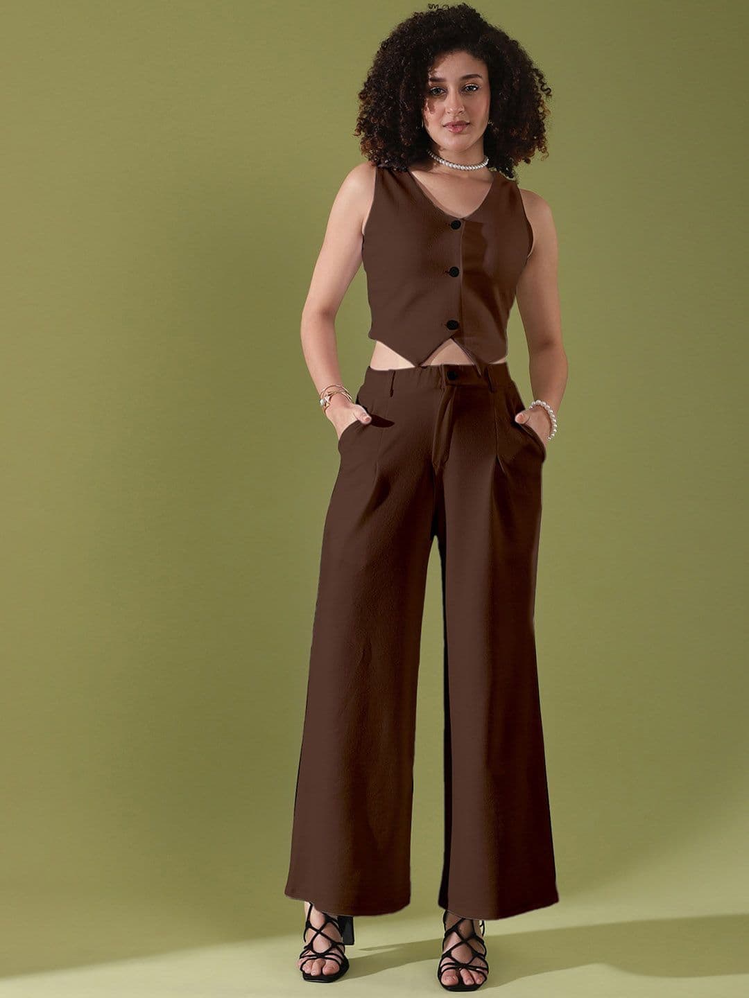 Selvia V-Neck Sleeveless Crop Top With Trouser Co-Ords - view 1