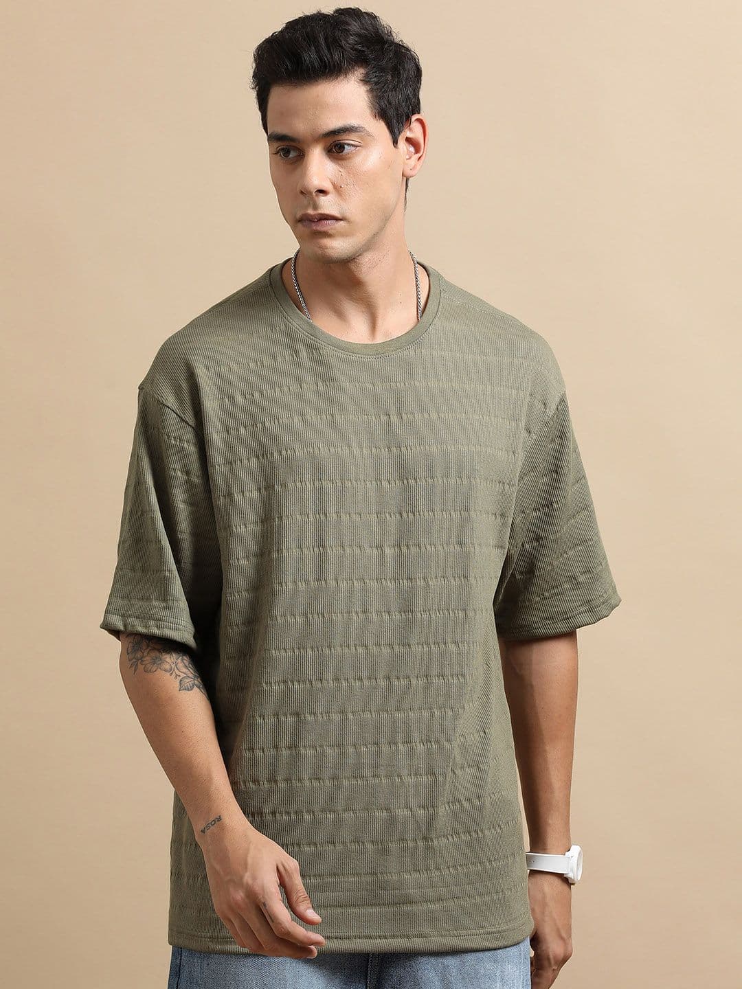 Bushirt Green Self Design Round Neck Relaxed Fit T-shirt - view 1