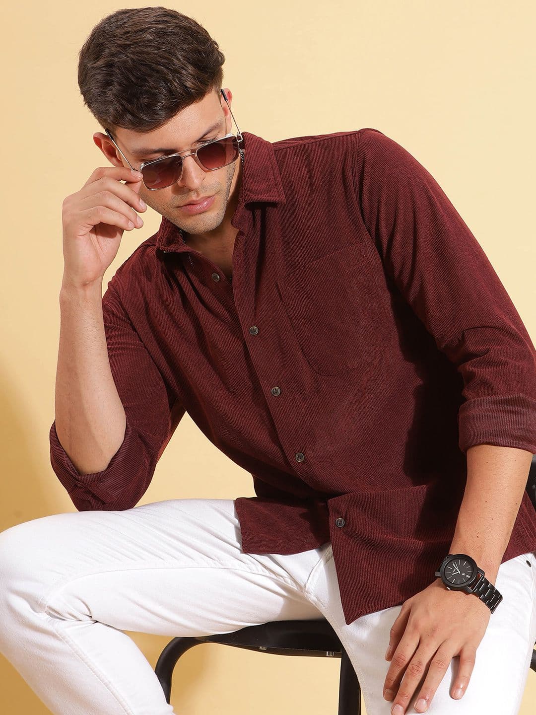 HERE&NOW Spread Collar Slim Fit Corduroy Casual Shirt - view 1