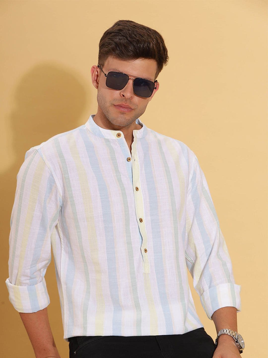 HERE&NOW Striped Band Collar Cotton Short Kurta - view 1