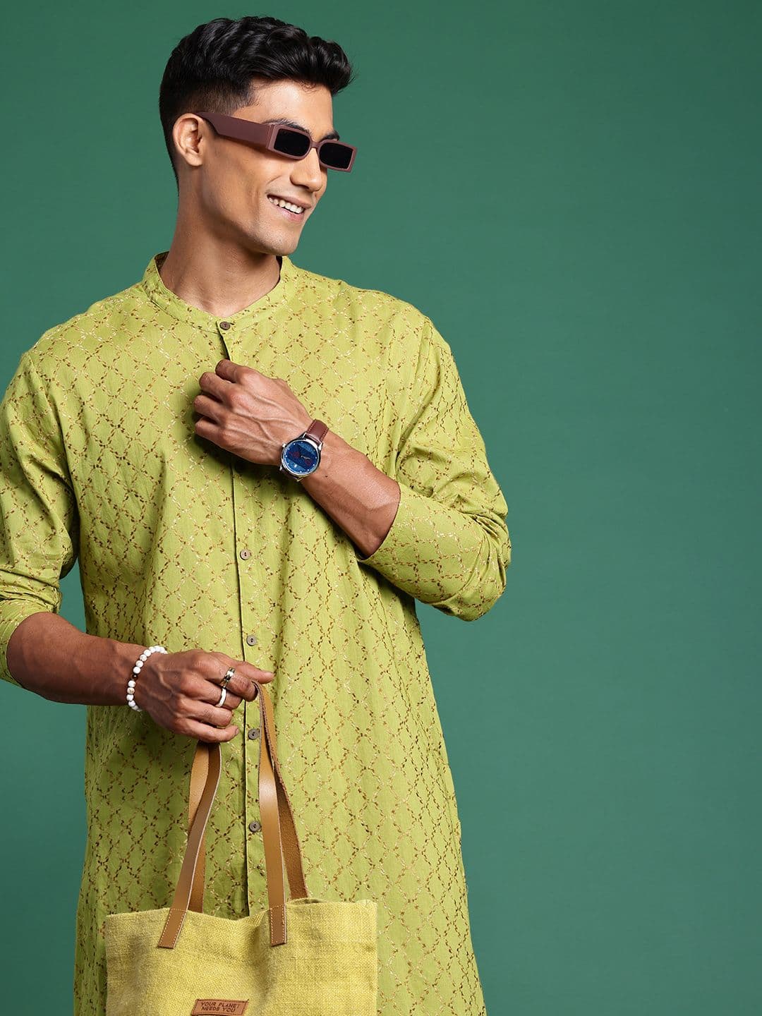 Sangria Men Geometric Embroidered Thread Work Pure Cotton Kurta - view 1
