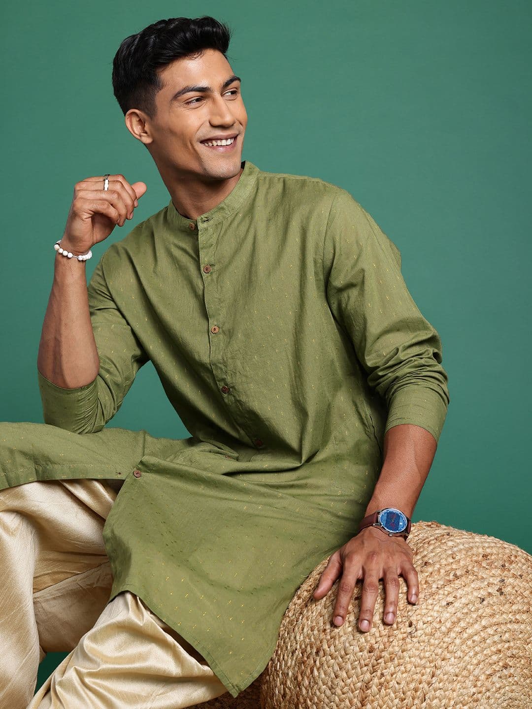 Sangria Men Woven Design Mandarin Collar Pure Cotton Kurta - view 1