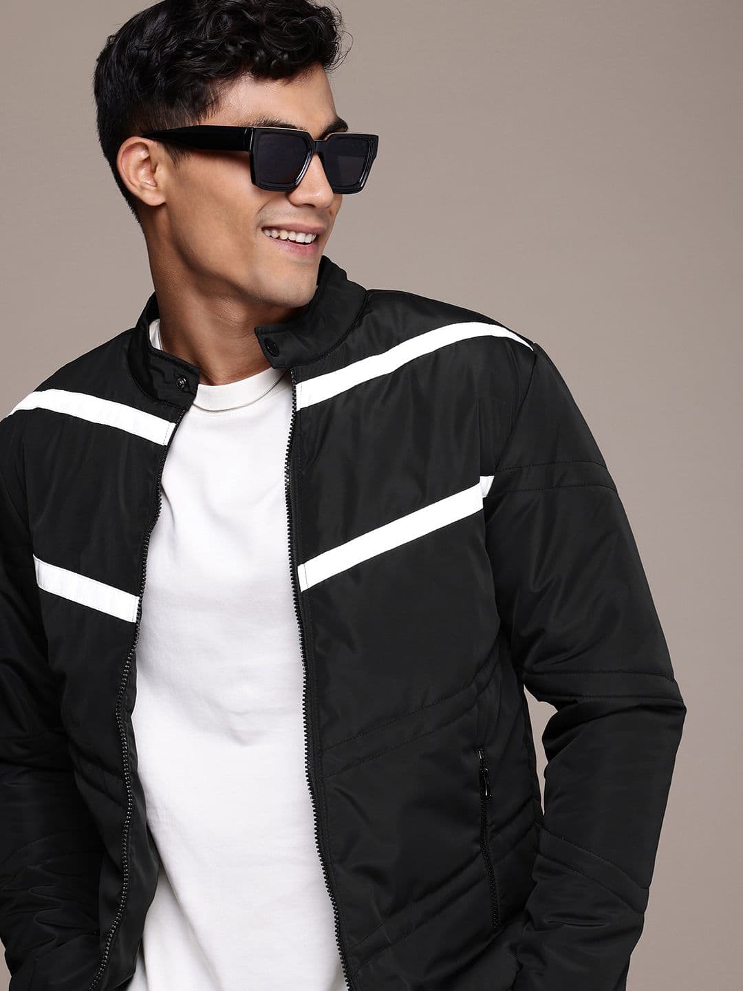 WROGN Striped Band Collar Padded Jacket - view 1