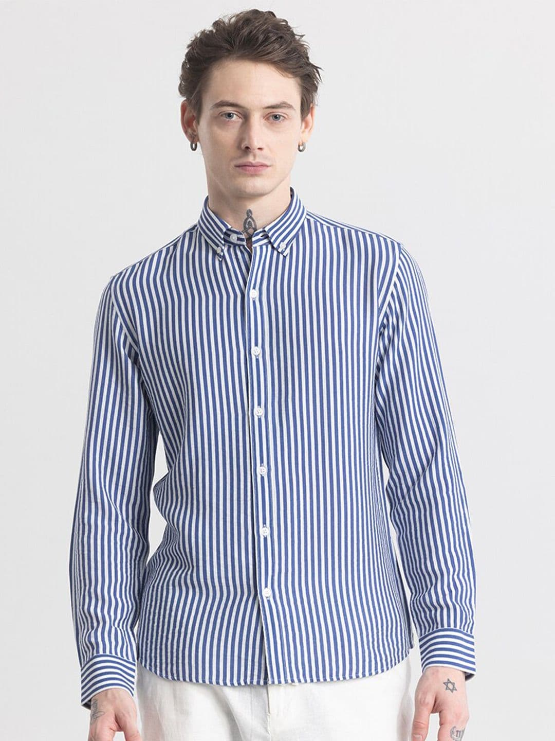 Snitch Blue Classic Slim Fit Vertical Stripes Button-Down Collar Casual Shirt - view 1