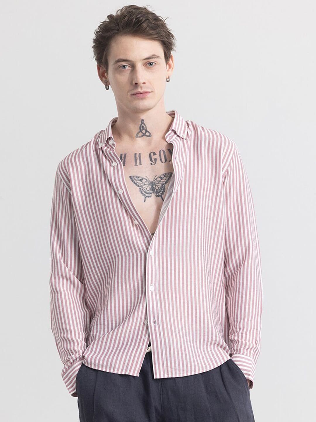 Snitch Mauve Colour & White Striped Classic Slim Fit Opaque Casual Shirt - view 1