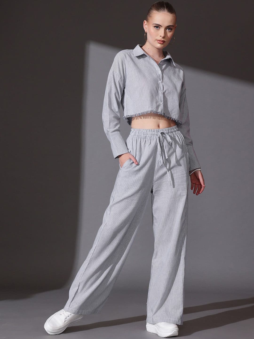 STREET 9 Striped Pure Cotton striped Shirt With Flared Palazzos Co-Ords - view 1