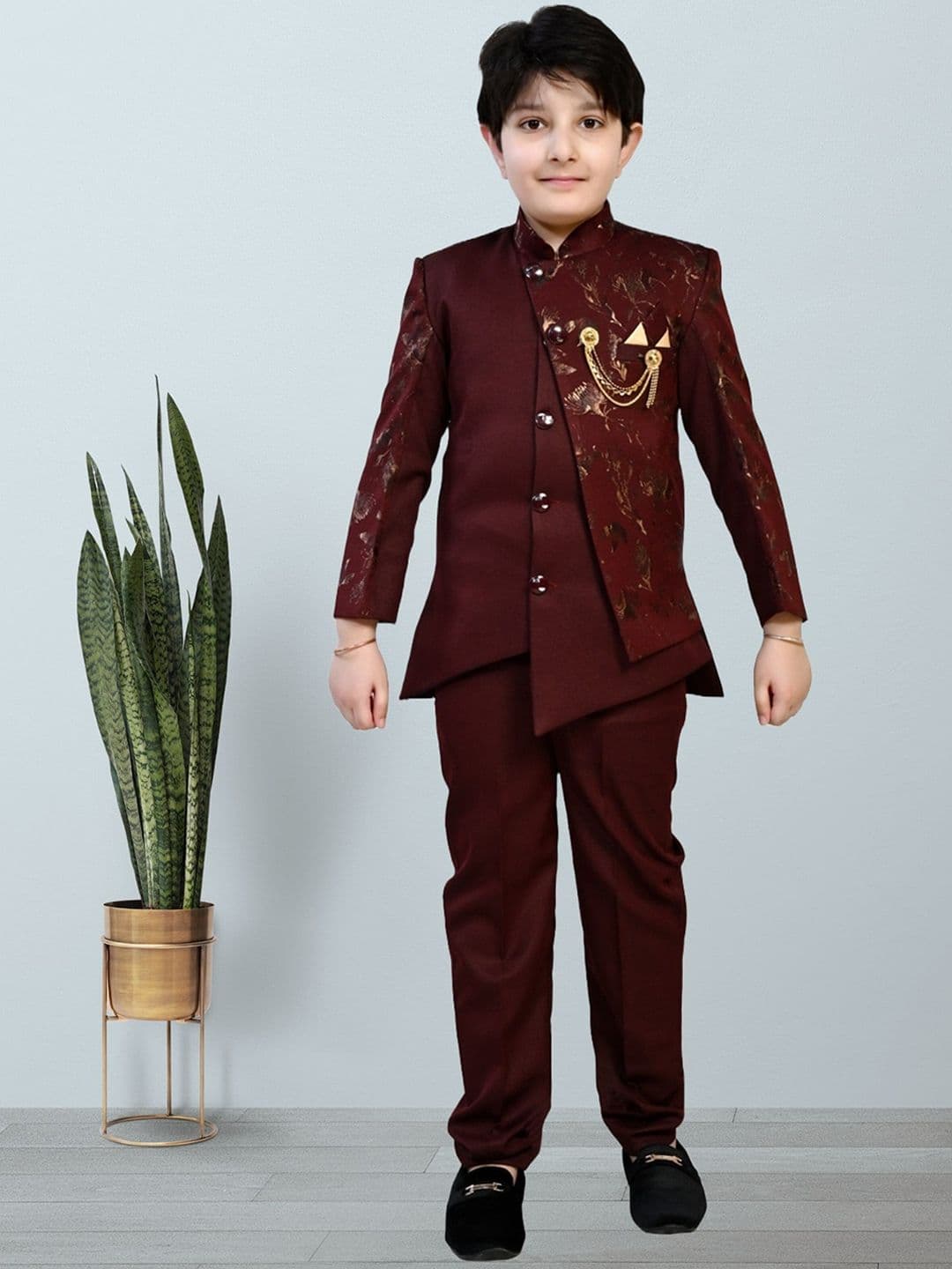 BAESD Boys Ethnic Self Design Mandarin Collar Sherwani Set Color Maroon Size 2-3 Years - view 1