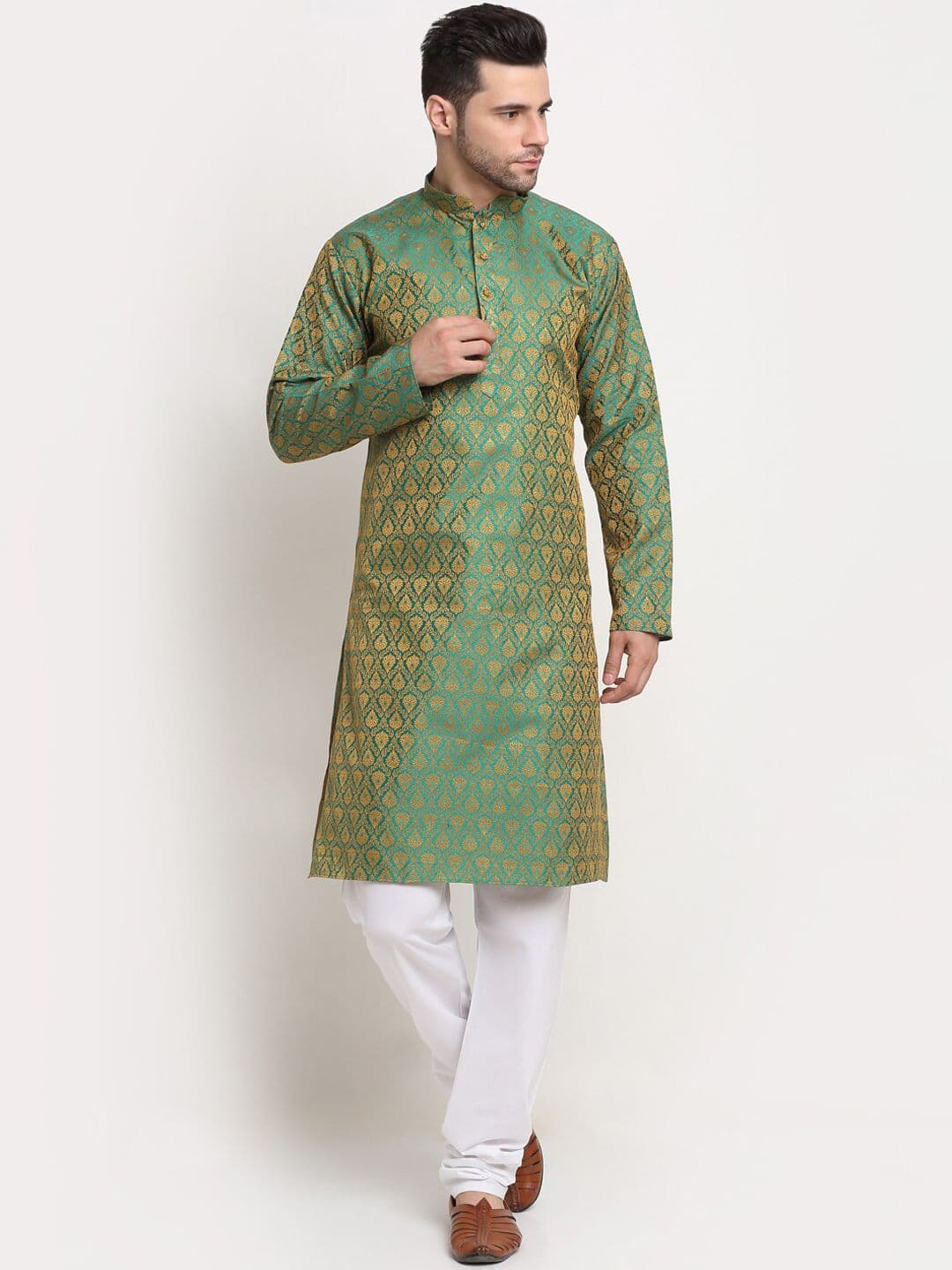 KRAFT INDIA Geometric Woven Design Mandarin Collar Jacquard Straight Kurta - view 1