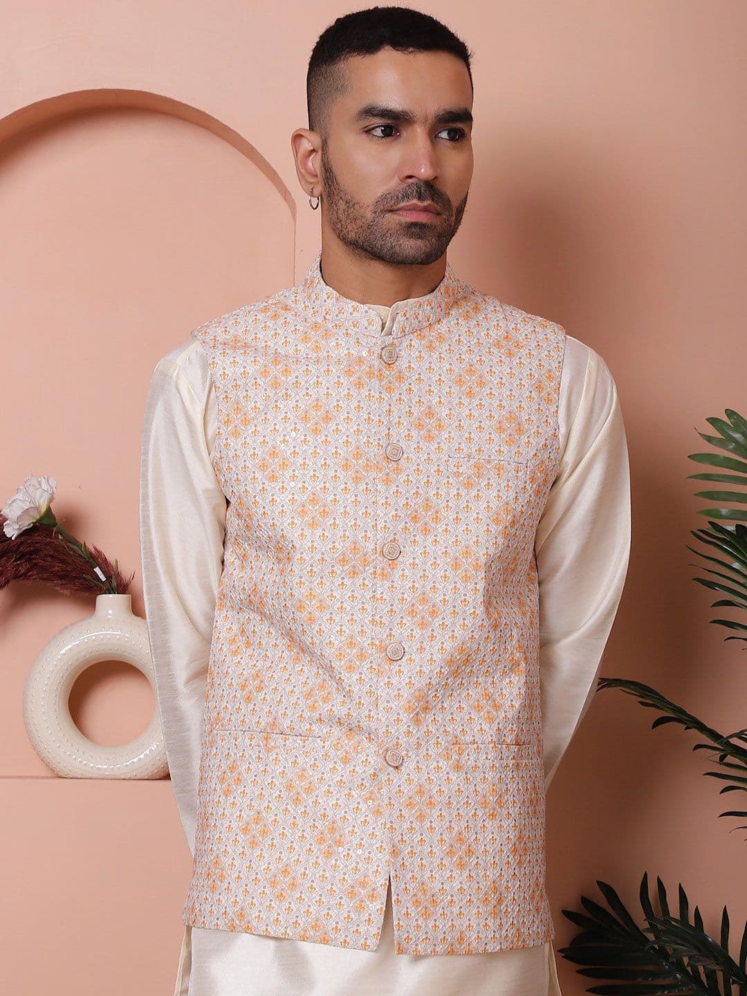 Jompers Floral Printed & Embroidered Satin Nehru Jacket - view 1
