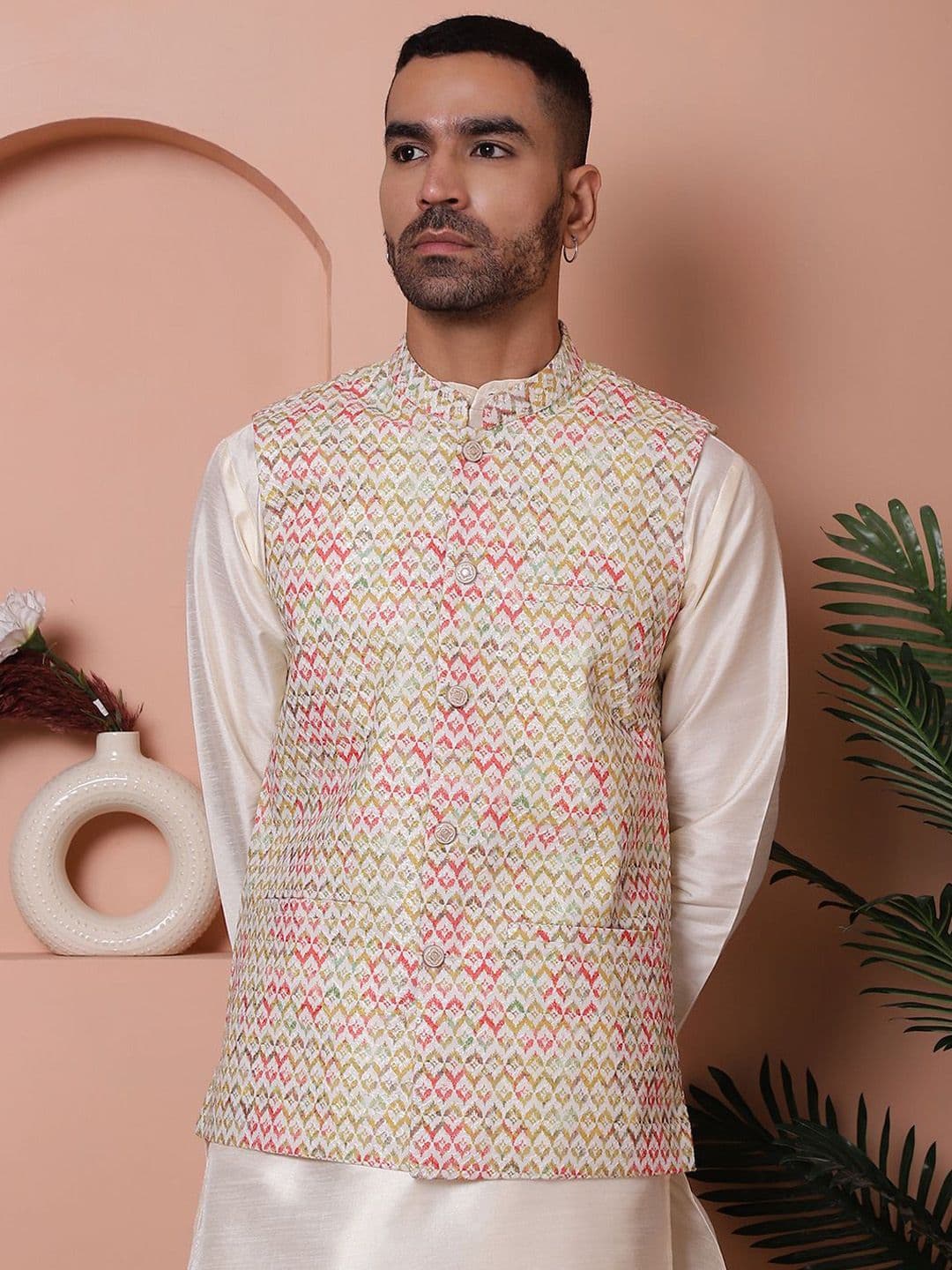 Jompers Abstract Printed & Embroidered Satin Nehru Jacket - view 1