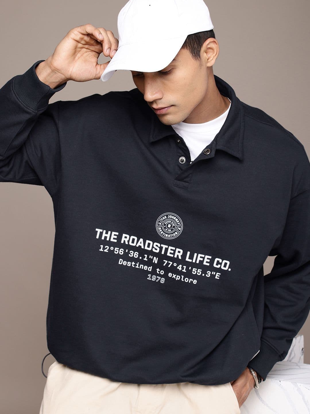 The Roadster Life Co. Shirt Collar Printed Oversized Sweatshirt - view 1
