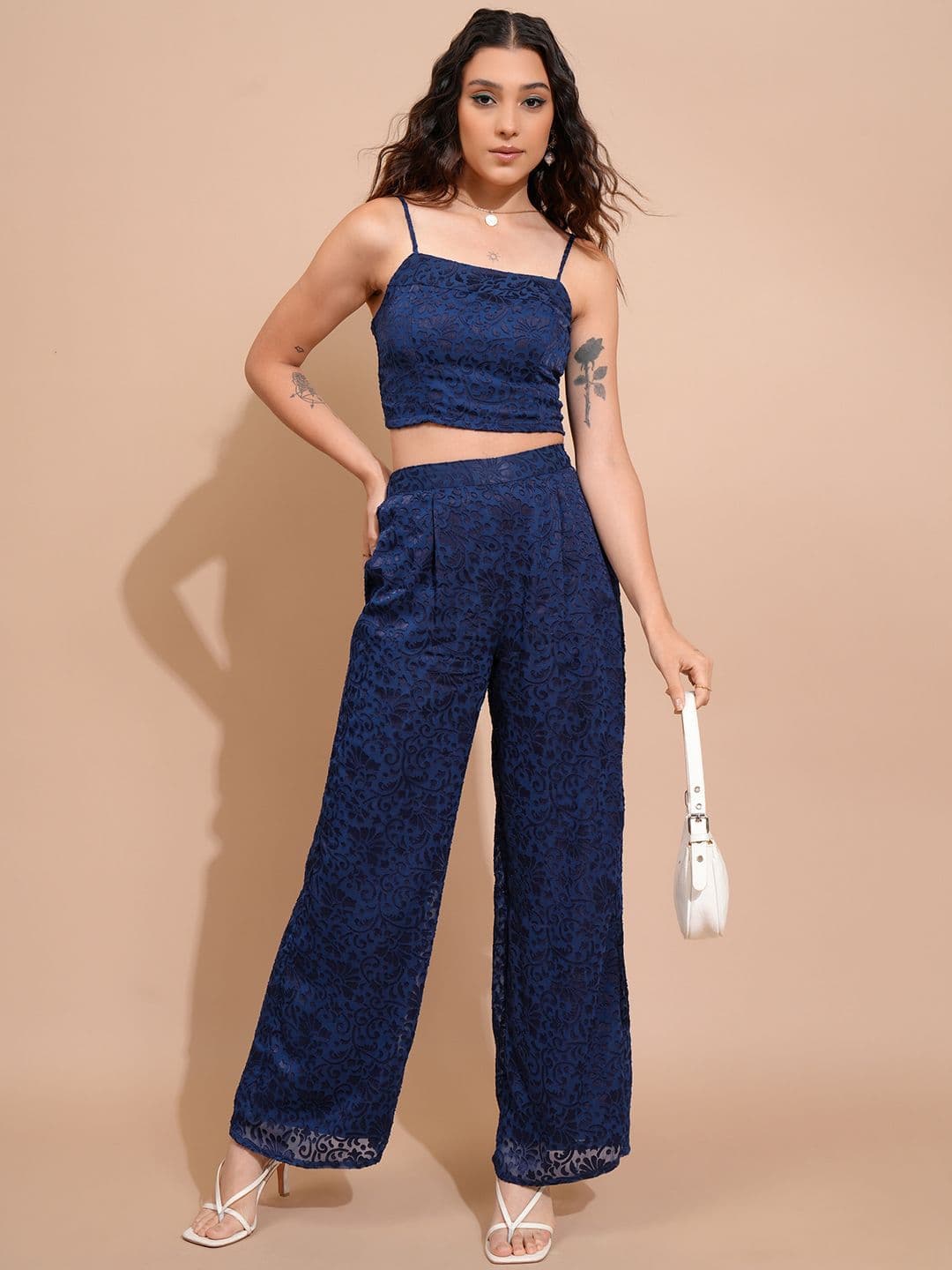 Tokyo Talkies Self-Design Crop Top & Trousers Co-Ords - view 1