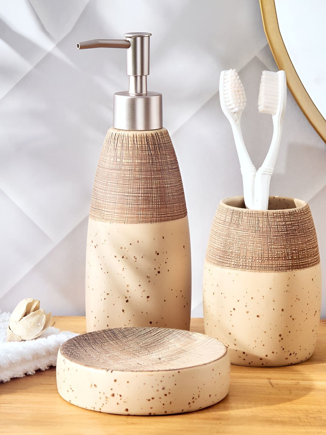 Home Centre Beige & Brown Pack Of 3 Textured Ceramic Bath Accessories Set - view 1