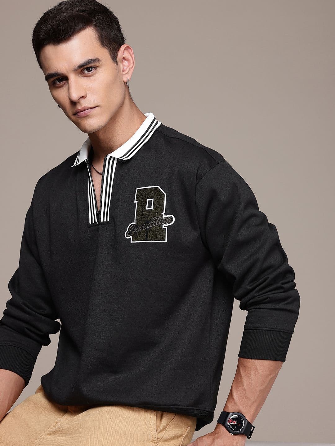 The Roadster Life Co. Relaxed Fit Contrast Mock Collar with Applique Detailing Sweatshirt - view 1