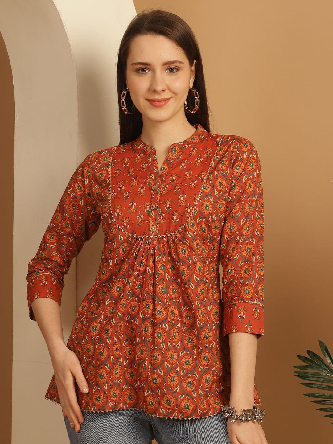 KALINI Floral Print Mandarin Collar Ethnic Cotton Top - view 1